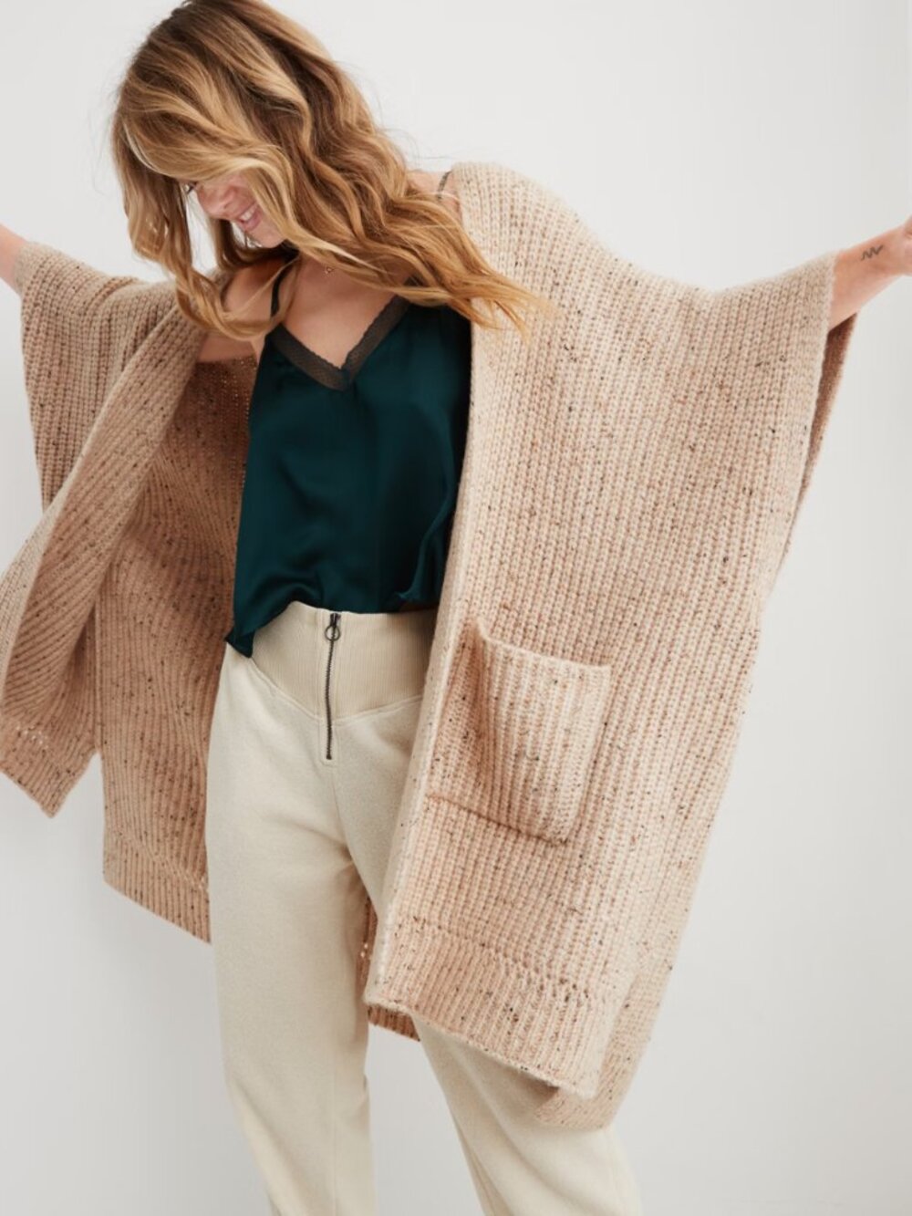 Aerie Ripped Oversized Cream Knit Open Cape Cardigan